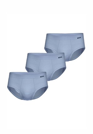 Helle blaue Baumwollslips im Dreierpack, mit einem horizontal gestreiften Muster und einem einfarbigen Bund mit einem kleinen Markenetikett.