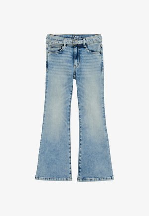 Svetlo modri razširjeni jeans iz jeansa, z običajnim petžepnim dizajnom, zankami za pas in vidnim šivanjem vzdolž robov.