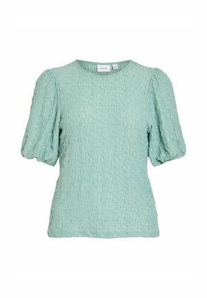 Lysegrøn tekstureret bluse med korte pufærmer og rund halsudskæring, designet til en slank pasform.