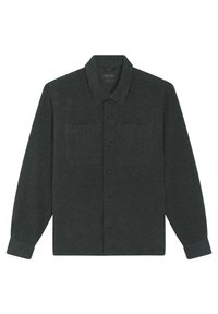 Donkergrijze flanellen shirt met lange mouwen, knoopsluiting aan de voorkant, klassieke kraag en twee borstzakken. Zachte textuur met een subtiel patroon.