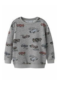 Šedá mikina s dlouhými rukávy, na které jsou různé grafiky starých automobilů a text. Materiál je měkký, má kulatý výstřih a žebrované manžety.