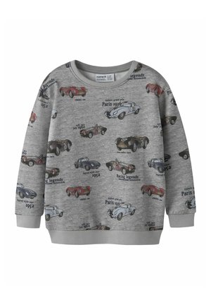 Gray sweatshirt with long sleeves featuring various vintage car graphics and text. Material is soft, with a round neck and ribbed cuffs.