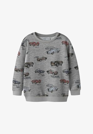 Grijze sweatshirt met lange mouwen, voorzien van verschillende vintage auto-afbeeldingen en tekst. Het materiaal is zacht, met een ronde hals en ribgebreide manchetten.