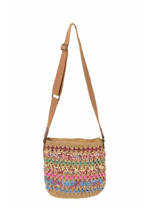 Handgewebte Crossbody-Tasche mit verstellbarem hellbraunem Riemen, mit mehrfarbigen Garnstreifen in Pink, Blau, Grün und Beige.