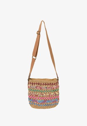 Handgewebte Crossbody-Tasche mit verstellbarem hellbraunem Riemen, mit mehrfarbigen Garnstreifen in Pink, Blau, Grün und Beige.