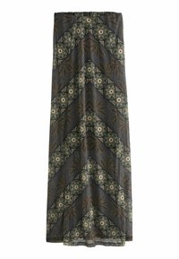 Jupe maxi en tissu à motifs sombres avec des éléments floraux verts et dorés. Ceinture élastique et silhouette fluide. Texture douce.