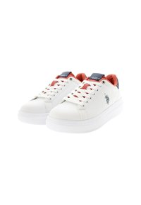 Zapatillas de cuero blanco con suela de plataforma, interior rojo y detalles en azul marino. Cuentan con cordones blancos y un logotipo en el lateral.