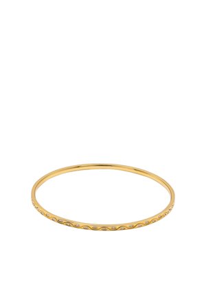 Thin gold bangle bracelet decorated with small evenly spaced clear gemstones around its circumference.