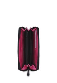 Black wallet with a zip closure, featuring pink interior, multiple card slots, and a central zip compartment for coins or small items.