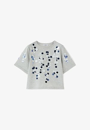 Light grey short-sleeve cropped sweatshirt with scattered shiny black, silver, and blue round sequins on front and sleeves.