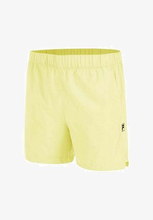 Pantalones cortos deportivos amarillos claros con cintura elástica y pequeño logo en blanco y negro en la pierna izquierda, diseñados para uso casual.