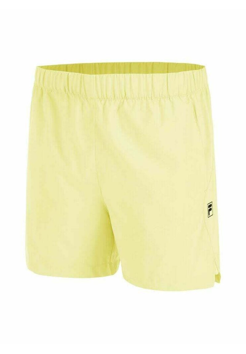 Pantalones cortos deportivos amarillos claros con cintura elástica y pequeño logo en blanco y negro en la pierna izquierda, diseñados para uso casual.