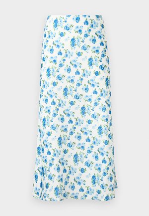Jupe midi blanche avec un motif floral de roses bleues et bleu clair ainsi que des feuilles vertes.