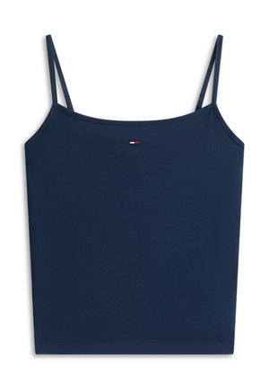 Tyrkysový top s tenkými nastaviteľnými ramienkami a malým obdĺžnikovým logom v červené, bielej a modrej farbe umiestneným uprostred pri výstrihu.