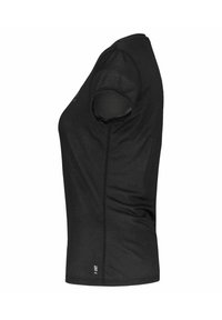 Black athletic shirt with short sleeves, featuring a mesh texture, moisture-wicking properties, and a fitted design.