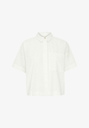 Lühikeste varrukatega valge särk, mis on valmistatud tekstuuriga kangast, millel on aukude detailid, krae ja üks eesmine tasku.