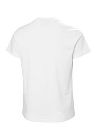 Camiseta blanca de manga corta hecha de algodón, con cuello redondo y un diseño simple sin patrones ni embellishments. Vista trasera mostrada.