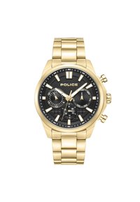 Orologio in acciaio inossidabile dorato con quadrante nero testurizzato, tre sotto-quadranti, lancette luminescenti e bracciale a maglie. Presenta grandi indicatori delle ore.