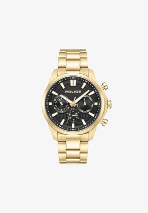 Montre en acier inoxydable doré avec un cadran noir texturé, trois sous-cadrans, aiguilles luminescentes et un bracelet à maillons. Dispose de grands index horaires.