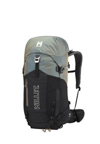 Sac à dos Millet avec un dessus gris-bleu à motifs en losange, un fond noir, des bretelles ajustables et plusieurs poches extérieures.