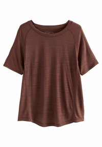Bruine T-shirt met korte mouwen en een ronde hals, gemaakt van gebreide stof. Heeft een relaxte pasvorm en een subtiel streepjespatroon over het oppervlak.