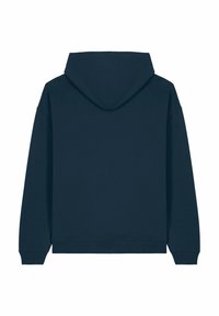 Felpa blu navy con una texture morbida, maniche lunghe e una cucitura centrale sulla schiena. Presenta un grande cappuccio e polsini e orlo a coste.