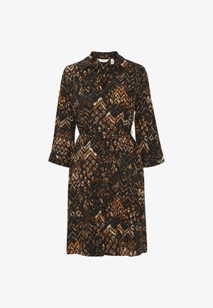 Črna obleka s ovratnikom, dolgimi rokavi in zategnjenim pasom. Ima oranžno in belo geometrijsko vzorčasto celotno površino.