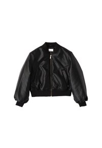 Giacca bomber in pelle nera con chiusura a zip, collo e polsini a costine e due tasche laterali. Presenta una texture liscia e un design aderente.