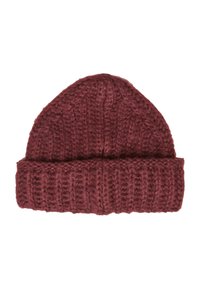 Burgunderfarget strikket lue med ribbestruktur og oppbrett, med avrundet topp og mykt, varmt materiale.