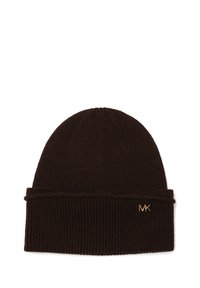 Brun strikket beaniehat med lodret ribbning og en ombukket kant, prydet med et gold "MK" emblem på fronten. Blød tekstur og medium tykkelse.