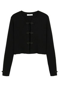 Mustavihreä lyhyt neulejakku pitkillä hihoilla, pyöreällä kaula-aukolla ja koristeellisilla sammakon sulkimilla edessä ja hihoissa. Sileä, teksturoitu kangas.