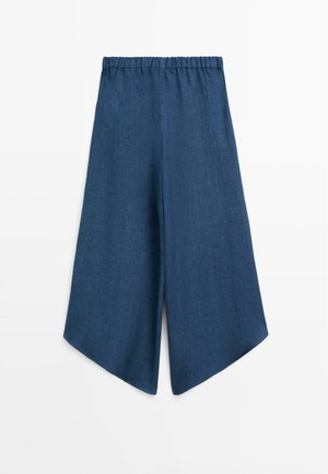 Blauwe wijde cropped broek met elastische tailleband en asymmetrische schuine zomen.