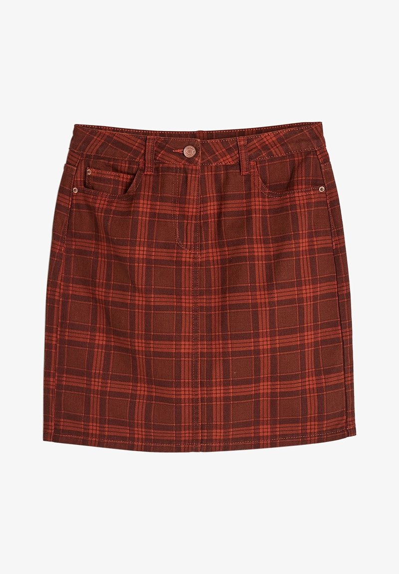 Jupe en denim à carreaux marron avec un design ajusté, poches avant, fermeture à bouton et à zip, présentant une texture lisse et un ourlet droit.