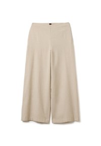 Pantalons larges et raccourcis beiges avec une taille plate et sans poches visibles, présentés sur un fond blanc.