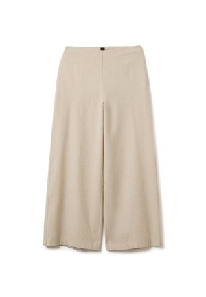 Beige wijde cropped broeken met een platte tailleband en geen zichtbare zakken, weergegeven op een witte achtergrond.