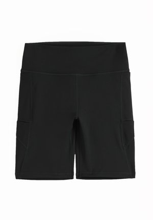 Shorts de sport noirs taille haute avec poches latérales et coutures apparentes, conçus pour une utilisation en tenue de sport.