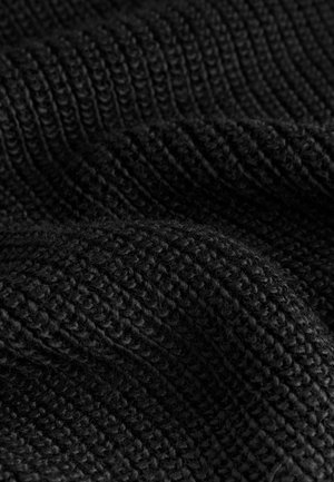 Black knitted fabric with a textured, ribbed pattern. The material appears soft and dense, showcasing a subtle sheen in certain areas.