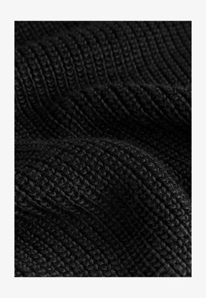 Black knitted fabric with a textured, ribbed pattern. The material appears soft and dense, showcasing a subtle sheen in certain areas.