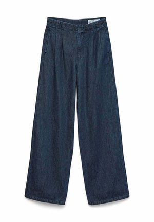 Pantaloni in denim blu scuro a gamba larga con fascia elastica in vita e tasche laterali, stile casual.
