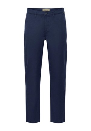 Dark navy casual pants with a straight fit, featuring a button and zipper closure, visible pockets, and a subtle brand tag on the waistband.
