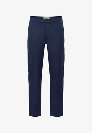 Dark navy casual pants with a straight fit, featuring a button and zipper closure, visible pockets, and a subtle brand tag on the waistband.