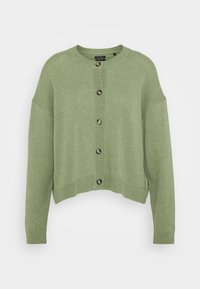 Svetle zelený pletený kardigan s kulatým výstřihem, zkrácený střih a dlouhé rukávy; má pět tmavých knoflíků na přední straně.