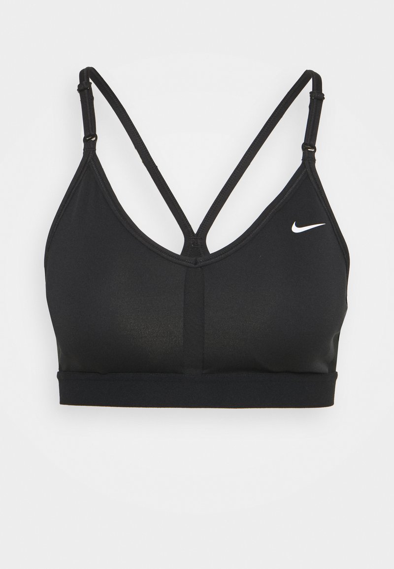 Reggiseno sportivo nero con spalline sottili regolabili, design a V, texture liscia e logo Nike bianco sul lato sinistro.