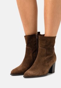 Bottines en suede marron avec un embout pointu et un talon bloc de hauteur intermédiaire. Elles présentent une fermeture éclair sur le côté et un tissu doux texturé.