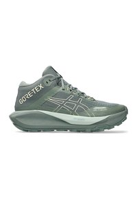 GORE-TEX hiking shoe in gray with a textured upper, reinforced toe cap, and contrasting light accents; curved outsole for traction.