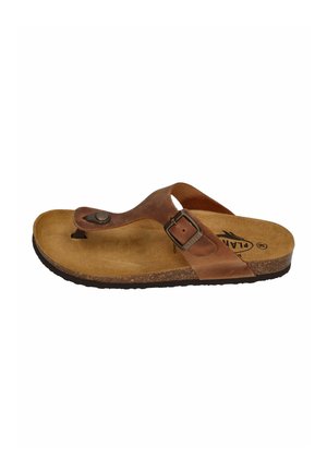 Brown leather thong sandal with adjustable buckle, cork footbed, and black rubber sole, viewed from the side.