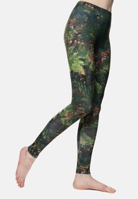Leggins s apstraktnim zelenim i zlatnim uzorkom, s prilagođenim dizajnom i mekim teksturom, pogodnim za aktivne aktivnosti.