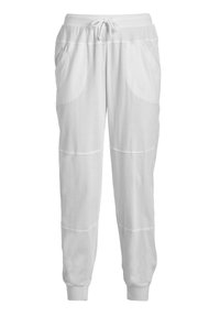Hvide bomulds sweatpants med snor i livet, sidelommer og ribbede cuffs; har en glat tekstur og subtile sømdetaljer.