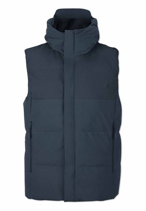 Navyblauwe puffer gilet met hoge kraag, ritssluiting aan de voorkant en twee zijzakken met rits. Beschikt over een gequilte ontwerp en een gladde textuur.