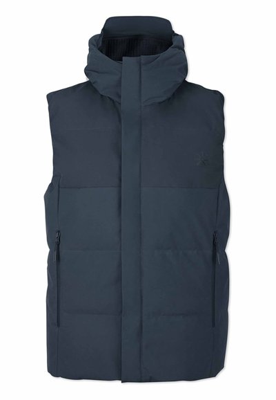 Navyblå puffväst med hög krage, framzippering och två sidofickor med dragkedja. Har en quiltad design och slät textur.